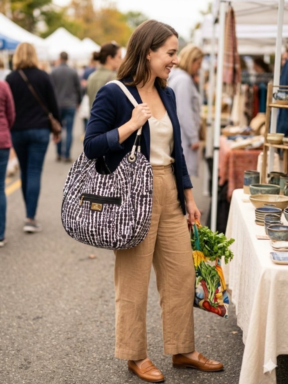 "Trina Turk Black White Geo Dot Slouchy Hobo Shoulder Bag"